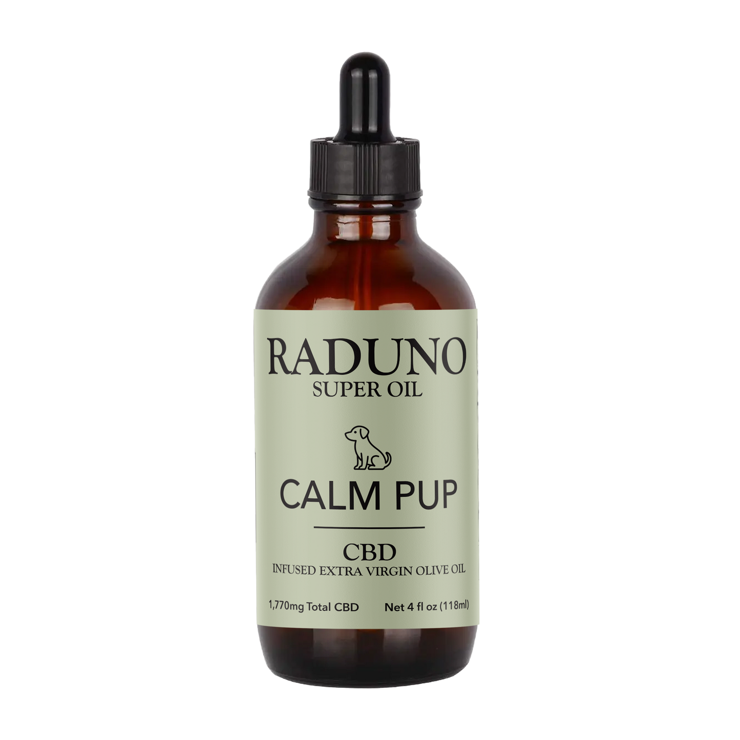 Bottle of Raduno Super Oil Calm Pup CBD on a white background