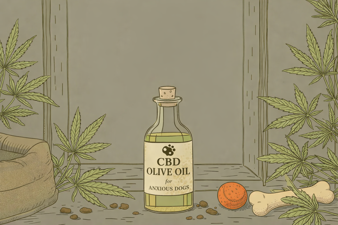 Illustration of CBD olive oil for anxious dogs with calming pet elements in a soft, earthy setting