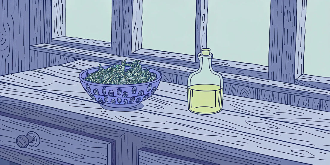 A bottle of CBD THC cooking oil with herbs on a counter, ready to buy online.