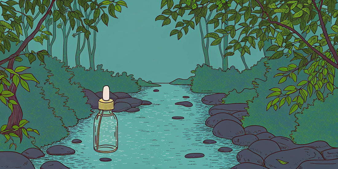 A bottle of CBD tincture with its dropper resting on a rock in a natural, green setting.