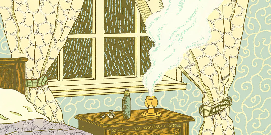 A bottle of CBN oil and a dropper on a nightstand for taking the right dose for sleep.