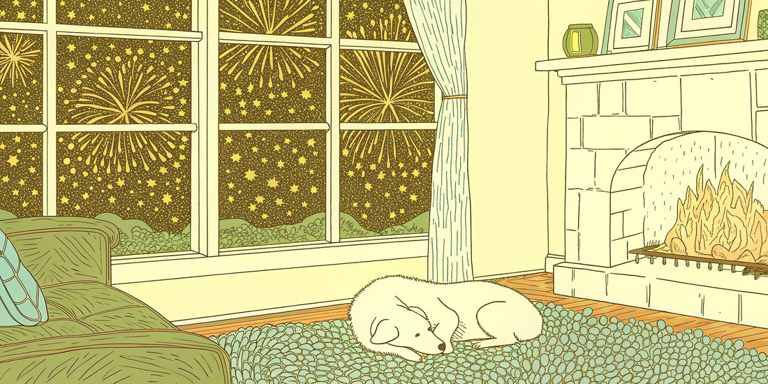 A dog rests calmly by a fire during fireworks, a reason to buy CBD oil for dogs.