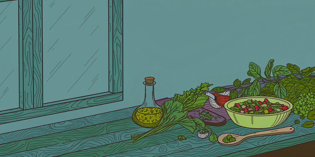 A bottle of THC cooking oil ready to be used on a fresh salad with herbs.