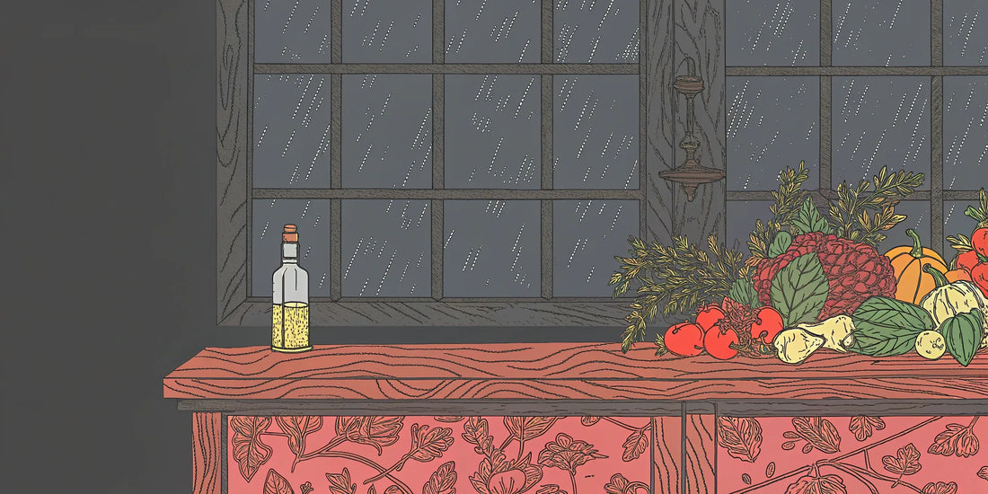 Learning how to cook with THC oil using a dropper bottle and fresh vegetables in a bright kitchen.