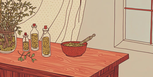 A bottle of homemade cannabinoid-infused cooking oil with herbs.