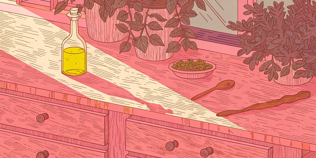 A bottle of CBD olive oil with herbs and a spoon, showing how to use it for pain.