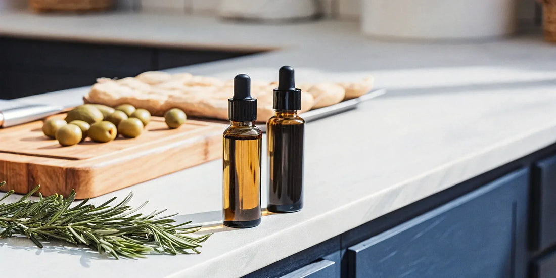 A bottle of the best delta 9 olive oil for baking with fresh olives and rosemary on a kitchen counter.