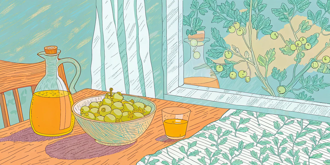 A carafe of olive oil with green olives, a natural carrier for the benefits of CBD.