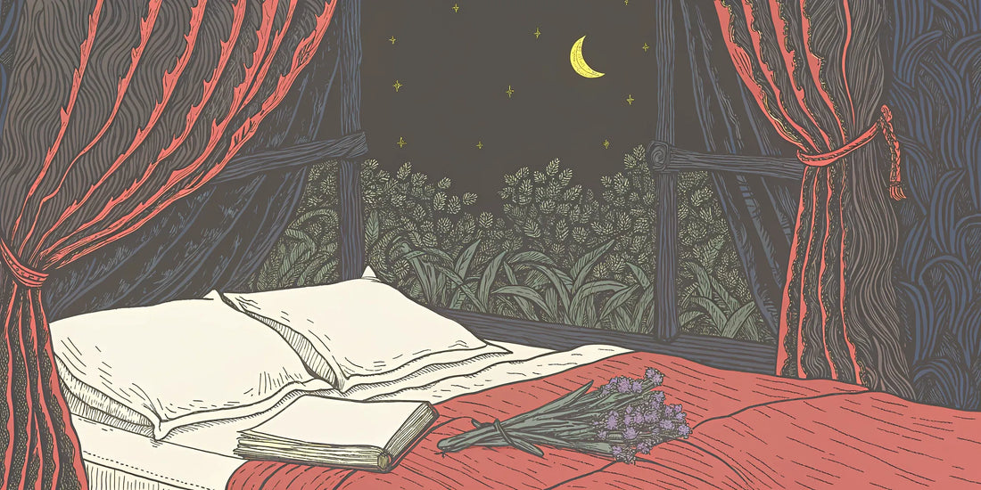 A cozy bed by a window with a moonlit sky, a calm setting for the sleep effects of CBN.