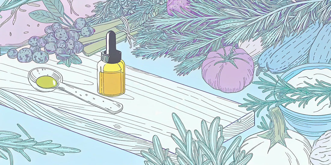 A bottle of THC oil for cooking with fresh herbs, an essential ingredient to buy for infused recipes.