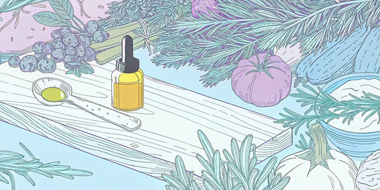 A bottle of THC oil for cooking with fresh herbs, an essential ingredient to buy for infused recipes.