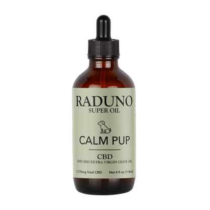 Bottle of Raduno Super Oil Calm Pup CBD on a white background